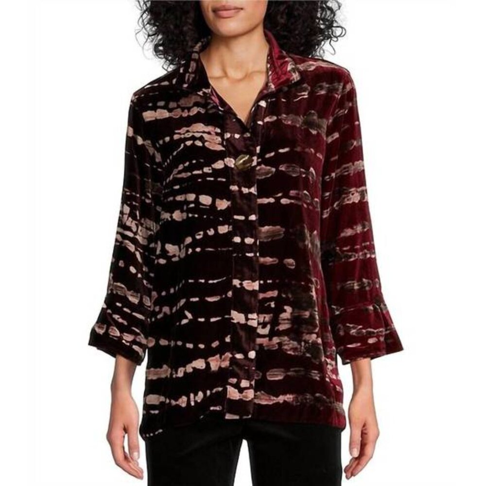 John Mark Tie Dye Wire Collar 3/4 Sleeve Velvet Blouse Tunic Size XS NWT